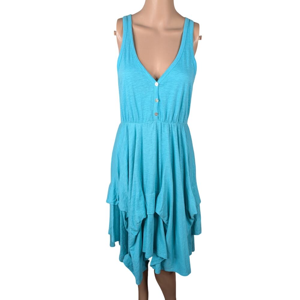 Vintage Y2K American Rag Teal Cotton Asymmetrical Parachute Henley Dress S - Picture 1 of 9